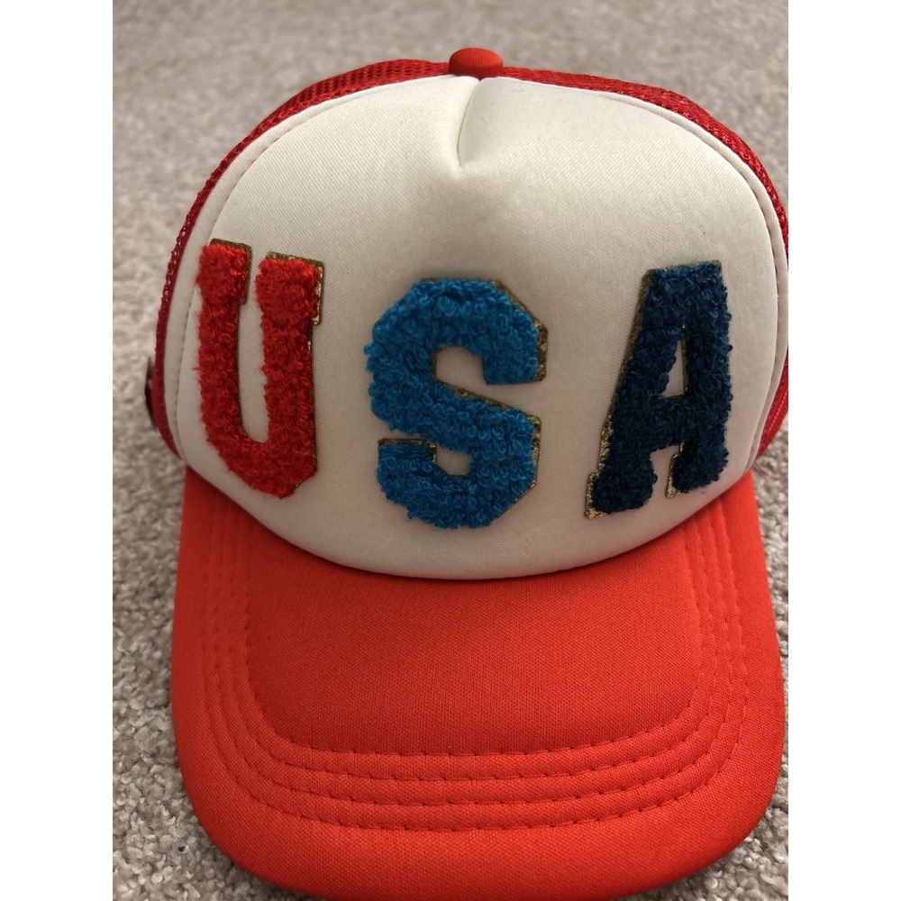 Vintage USA Trucker Hat Mens OSFM Red White Blue Excellent Chenille Patch Cap - Picture 7 of 8